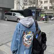 主意范（ZHUYIFAN）胖子超大碼牛仔外套男寬松大碼夾克高街連帽牛仔衣潮百搭休閑上衣  JK774淺藍色 3XL 165-185斤
