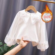 小熊精靈（xiaoxiongjingling）女童打底衫春秋小女孩兒童加絨T恤蕾絲花邊娃娃領(lǐng)洋氣上衣套頭衫 511白色加絨 加絨 140cm(140碼建議身高130CM左右) 