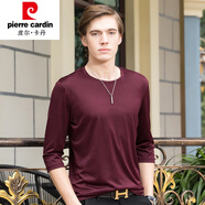 皮爾卡丹（pierre cardin）七分袖t恤男士絲光棉春秋中袖加絨打底衫男裝圓領(lǐng)7分袖體恤新品 酒紅 M (推薦95-120斤