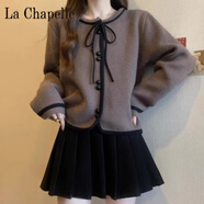 拉夏貝爾（La Chapelle）新中式毛衣針織衫女系帶上衣2024小香風(fēng)春秋寬松洋氣開(kāi)衫外套 純100自動(dòng)發(fā)熱深咖色 純100自動(dòng)發(fā)熱S 建議85-95斤