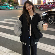 億梵莎短外套女春秋2022年新款學(xué)生美式撞色棒球服女休閑百搭oversize加絨夾克外套上衣 黑色 均碼