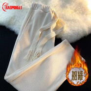 BAOMINGLI褲子男秋冬季燈芯絨高腰垂感運(yùn)動(dòng)直筒闊腿休閑褲男女寬松高街長(zhǎng)褲 米白色（加絨） L