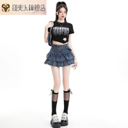 寇夫人時(shí)尚Y2K千禧辣妹A字腰帶高腰顯瘦百褶裙蛋糕裙牛仔蓬蓬裙子半身裙 藍(lán)色 S85-95斤