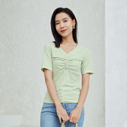 普普風(fēng)2023夏季新品女裝休閑百搭V領(lǐng)抽繩修身彈力T恤OB3T7420S 綠條7420 S