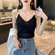 莫代爾V領(lǐng)蕾絲珍珠吊帶背心氣質(zhì)性感抹胸裹胸修身打底外穿西裝內(nèi)搭上衣 黑色 XL 121-140斤
