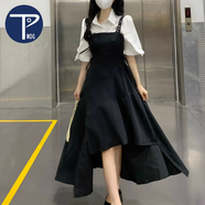PMOG荷葉邊設(shè)計(jì)襯衣+不規(guī)則背帶裙兩件套裝女學(xué)生收腰顯瘦吊帶連衣裙 黑色裙子 +襯衣（套） L