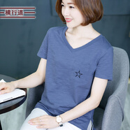 橫行道2024夏裝新款女裝刺繡V領(lǐng)短袖t恤女五角星寬松口袋純色打底衫半袖 灰藍 XL