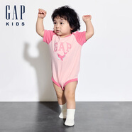 Gap嬰兒夏季純棉印花撞色短袖連體衣兒童裝包屁衣505609 粉色505609 73cm (6-9月)亞洲尺碼
