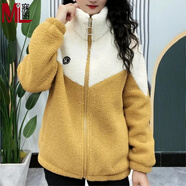寐麗冬季保暖女外套棉衣羊羔絨外套女圈圈羊羔毛外套加絨加厚休閑棉服 黃色 XL 建議85-115斤