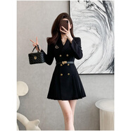 她芙（tafu）品牌女裝西裝連衣裙女2026春秋新款氣質(zhì)通勤小個(gè)子修身顯瘦百褶裙 黑色 M