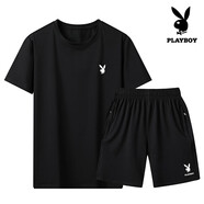 花花公子運動套裝男夏季圓領(lǐng)t恤純棉短袖中老年寬松休閑爸爸夏裝 黑T+黑/短褲 L  穿115斤以內(nèi)
