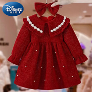 迪士尼（Disney）女童連衣裙2024新款春款兒童公主裙寶寶款禮服紅色加絨裙拜年服 紅色不加絨(春秋款) 90