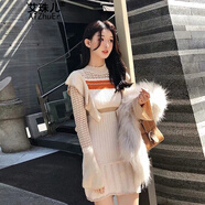 艾珠兒 連衣裙秋冬季新款初戀減齡可愛(ài)針織連衣裙過(guò)膝毛衣連衣裙秋冬女 杏色短款 均碼
