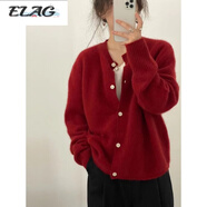 ELAG2022秋冬款韓國絨開衫女圓領(lǐng)毛衣羊毛加厚針織米白色外套 紅色 XL