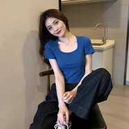 沐霓藍色正肩短袖T恤女春秋內(nèi)搭設計感小眾修身顯瘦辣妹方領短款上衣 克萊因藍 XL （建議105-125斤）