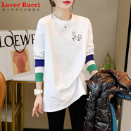 LOVER RUCCI歐貨秋冬新款t恤打底衫女寬松中長款磨毛加厚內(nèi)搭遮屁股長袖上衣 991-140B白色 L 適合110-125斤