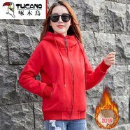 啄木鳥(niǎo) 加絨加厚衛衣女2025秋冬新款短外套寬松顯瘦短款拉鏈開(kāi)衫 紅色-加絨款 M