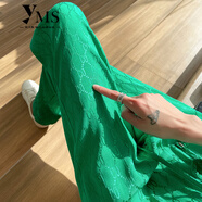 依沐蘇 冰絲闊腿褲女夏季薄款高腰垂感直筒寬松顯瘦提花休閑拖地長褲子 綠色(小個子-高檔冰絲面料) 2XL