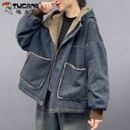 啄木鳥牛仔棉服女2025年冬季復古做舊連帽牛仔外套女百搭加厚顆粒絨棉衣 1132牛仔棉服(袖子也加絨) 3XL 190左右