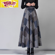 初徑新款毛呢格子半身長(cháng)裙秋冬季大擺傘裙女高腰長(cháng)款垂感秋季字 牛仔灰方格 S