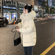 蕾遇高端品牌 短款羽絨服女冬季新款潮流小個(gè)子時(shí)尚大毛領(lǐng)外套 米白色 M （105-120斤）