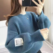 FNBG軟糯仿水貂絨毛衣女2024短款秋冬內(nèi)搭針織衫新款慵懶風(fēng)燈籠袖上衣 藏青色 S 建議80-95斤