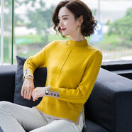 歌米拉 半高領(lǐng)加厚毛衣女套頭短款時(shí)尚針織衫秋冬裝新款女裝打底衫 黃色 L