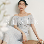 束皙/SUSHE 唯美海風_浪漫主義泡泡褶荷葉袖系帶收腰連衣裙女夏季 甲藻藍 L