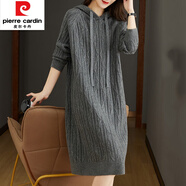 皮爾卡丹（pierre cardin）帶帽針織連衣裙秋冬寬松大尺碼毛衣裙中長(cháng)款高級感衛衣裙遮屁股 灰色 3XL 【150-160斤】