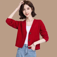 蘭威費(fèi)雷春季高腰短款小款開衫毛衣女春裝年新款外搭女士針織外套春秋 紅色 S 80-95斤