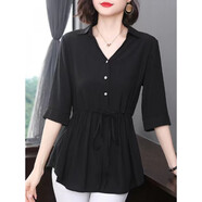 WVHK短袖襯衫女雪紡中袖夏季新款寬松遮肚收腰上衣大0碼中長(cháng)款薄款 黑色 L建議105-120斤