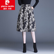 皮爾卡丹（pierre cardin）提花半裙媽媽款高腰a字燈籠裙半身裙春秋蓬蓬傘裙女中長款花苞裙 黑金花裙長66cm L 適合體重100-110斤