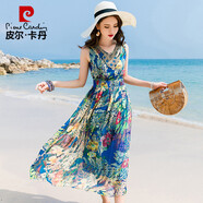 皮爾卡丹（pierre cardin）2025夏季新款民族風海邊度假沙灘裙中長款V領旅游修身真絲連衣裙 藍色 L
