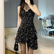 素織錦黑色純欲連衣裙女吊帶裙2025春夏季新款裙子碎花裙短裙海邊沙灘裙 碎花吊帶短裙【黑色】 L 【建議110-120斤】