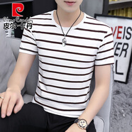 皮爾卡丹（pierre cardin）2025新款夏季黑白橫條紋男士短袖t恤V領(lǐng)純棉雞心領(lǐng)修身半截袖體恤 圓*領(lǐng)-咖啡色 【1件】 M 適合【90-115斤】