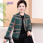 婉荷秋裝媽媽春秋夾克衫中年婦女翻領(lǐng)開衫上衣中老年春季格子外套寬松