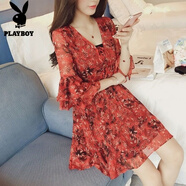 花花公子（PLAYBOY）大碼女裝雪紡連衣裙2020韓版小清新碎花裙夏季超仙沙灘短裙喇叭袖 紅色(贈裹胸) 偏暗 S