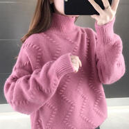 既生予高領(lǐng)毛衣女2025春秋季新款韓版純色波浪紋加厚套頭慵懶針織衫上衣 玫紅色 L  100-110斤