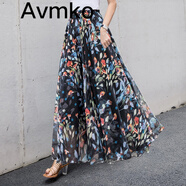 Avmko潮2025夏新款高腰顯瘦雪紡半身裙波西米亞碎花大擺A字沙灘裙長裙 墨染 L