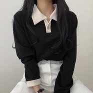天丂學(xué)院風(fēng)長(cháng)袖POLO衫T恤女內搭衛衣百搭長(cháng)袖上衣翻領(lǐng)顯瘦秋冬打底衫 【黑色L 建議95-110斤】