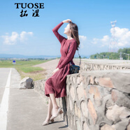 拓澀（TUOSE）連衣裙 秋冬新品中長(cháng)款法式復古紅色假兩件打底毛衣針織連衣裙 圖片色 S