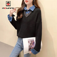 AEMAPE 假兩件毛衣女2025春秋冬季拼接牛仔布針織衫女寬松顯瘦上衣 MX-7284_黑色 M _95-105斤