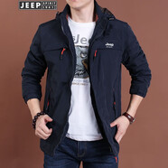 JEEP SPIRIT 吉普夾克男士外套工裝春秋季加絨休閑運動(dòng)加厚大碼寬松外套男冬季上衣潮戶(hù)外衣服 深藍色-薄款 XL