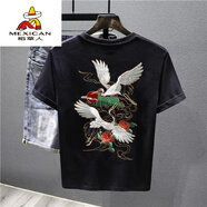 稻草人重工刺繡t恤男夏季新款圓領(lǐng)寬松半袖體恤潮牌純棉民族風(fēng)仙鶴短袖 黑色 XL