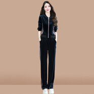 楚馨時(shí)尚運(yùn)動(dòng)兩件套套裝褲子2025春秋季新款女裝金絲絨女士氣質(zhì)休閑褲 黑配粉 S