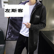 左斯客中長款風(fēng)大衣男士加絨加厚夾克外套秋冬季學(xué)生男連帽大衣加肥大碼 黑色 XL