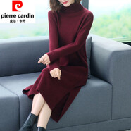 皮爾卡丹（pierre cardin）女裝秋冬季新款高領(lǐng)打底衫毛衣女士中長款過膝針織加厚開 皮爾卡丹酒紅 S 皮爾卡丹