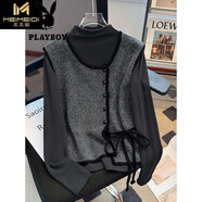 花花公子（PLAYBOY）法式小香風(fēng)圓領(lǐng)針織馬甲背心兩件套女秋冬季半高領(lǐng)打底衫上衣套裝 灰色馬甲+灰色打底衫 兩件套500克重洗水官方旗艦版 M