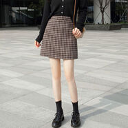 笙冉（SHENGRAN）新款百搭a字半身裙子秋冬款女復古格子高腰顯瘦包臀裙毛呢短裙 咖啡色 純格子 S 建議85-95