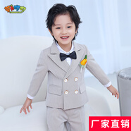 蘿卜唄唄 新款兒童西裝套裝男童西服小童禮服主持人服裝男花童演出服鋼琴表演服男孩演奏服小孩正裝演講服 米色外套+褲子+領(lǐng)結(jié)+胸花 80cm建議體重15-22斤